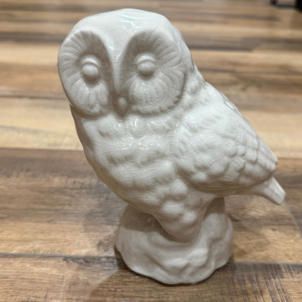 Vintage Mid-Century to 80s Ceramic Cream White 8" Tall Crackle Owl Statue Figure